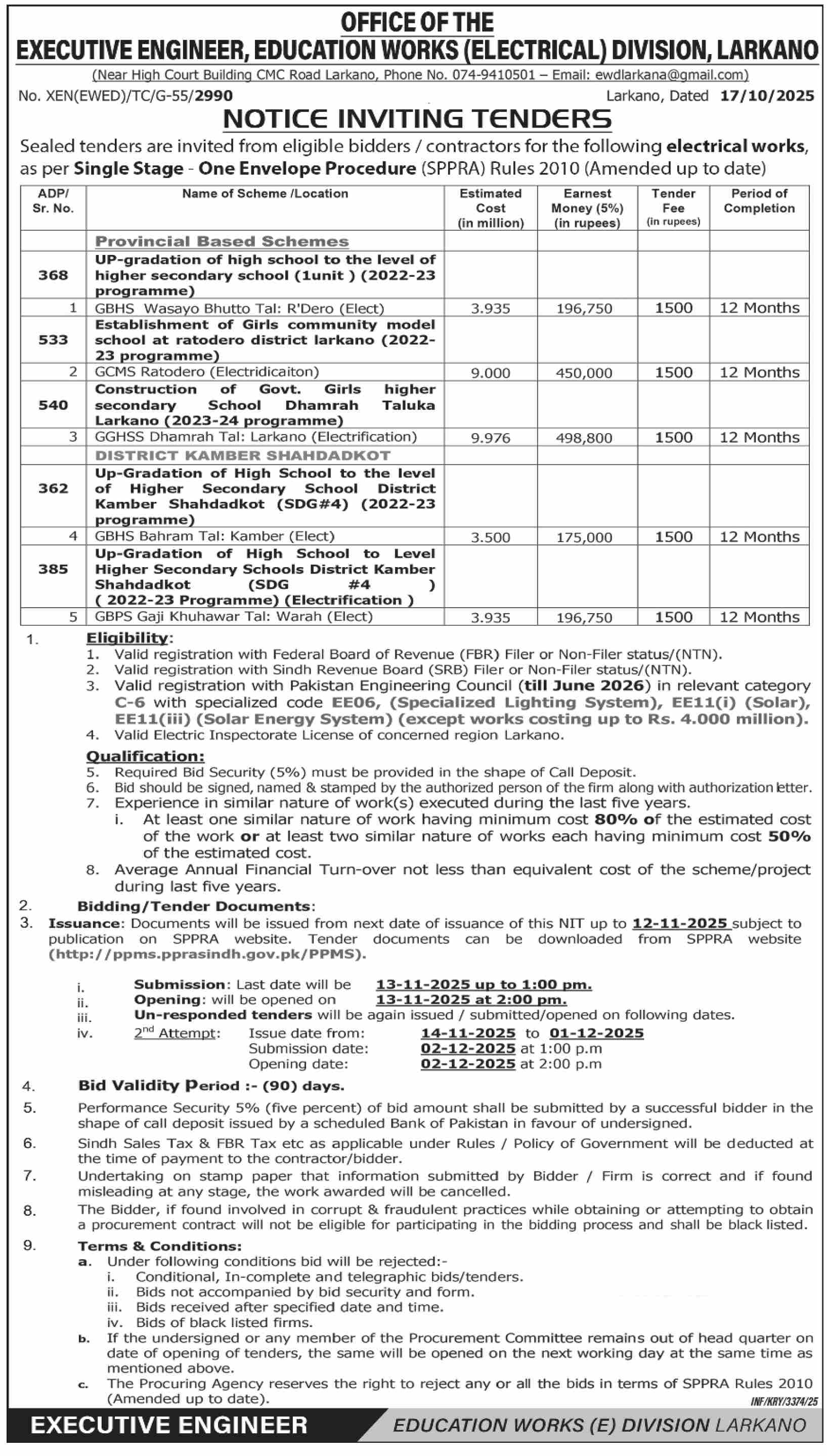 Education Works Division Larkano Tender Notice